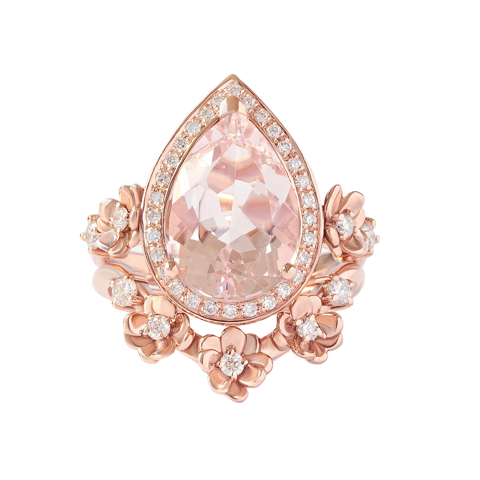 Big Pear Morganite and Flowers Diamond Sideband, Wedding Ring Set-  "Antheia Flower" ♥