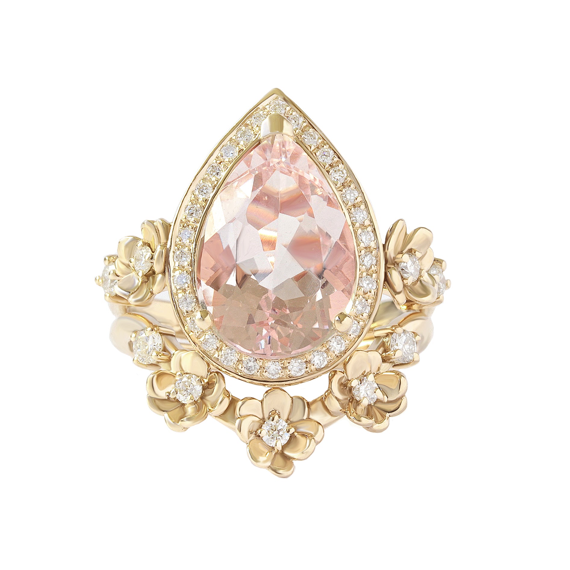 Big Pear Morganite and Flowers Diamond Sideband, Wedding Ring Set-  "Antheia Flower" ♥