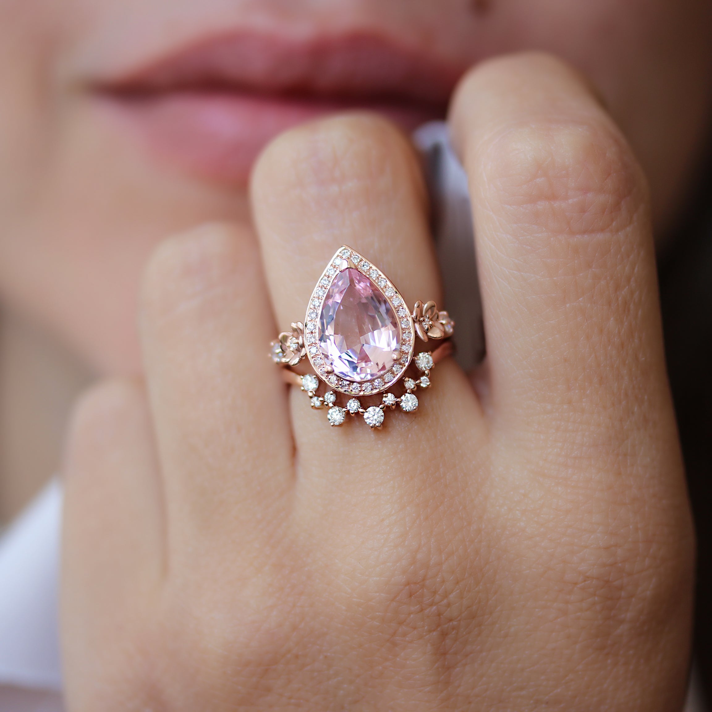 Delicate Diamond Nesting Ring - Viola Rose Gold with pear morganite ring