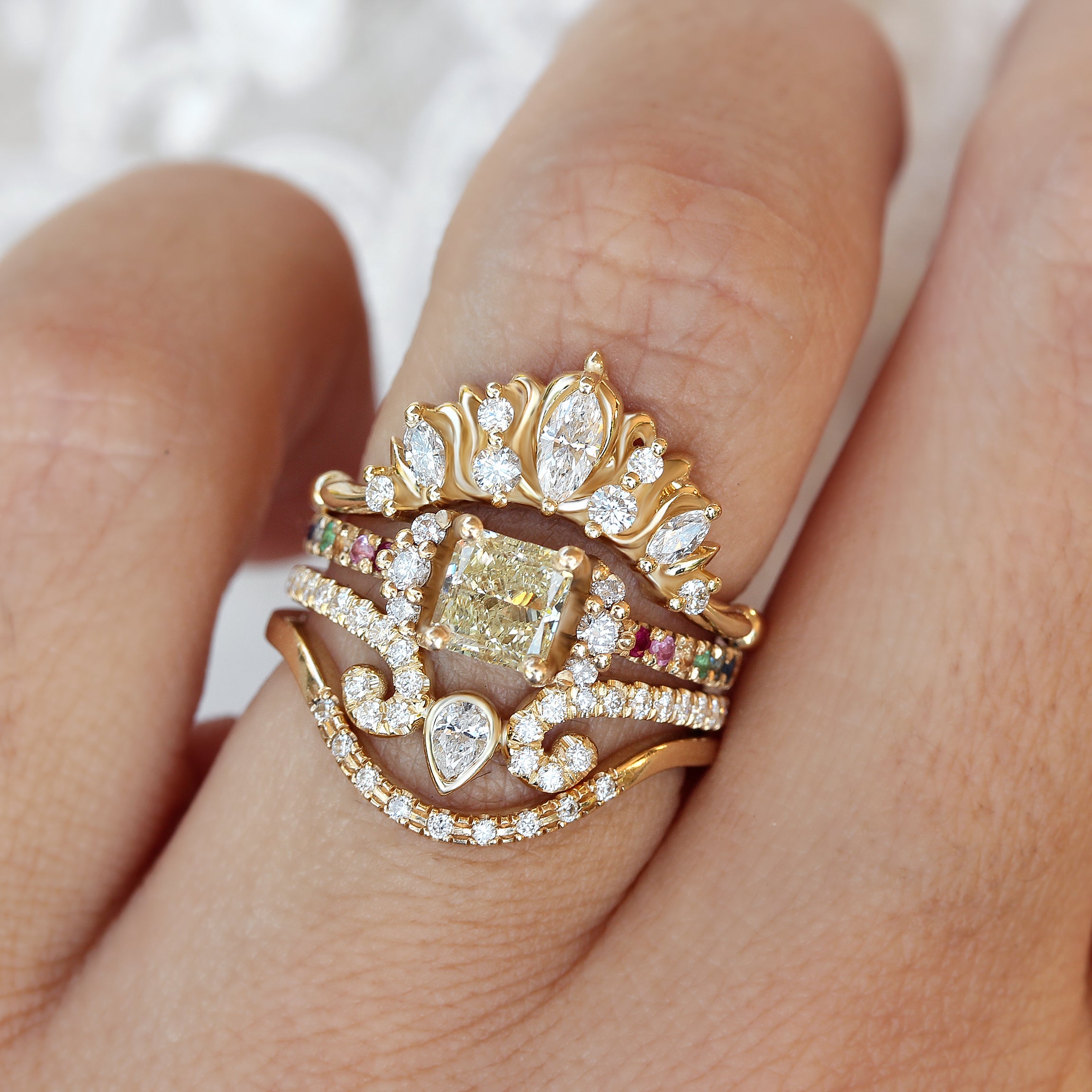 Parvati Princess Cut Yellow Diamond Engagement Ring With Colorful Gemstone Rainbow on Band - sillyshinydiamonds
