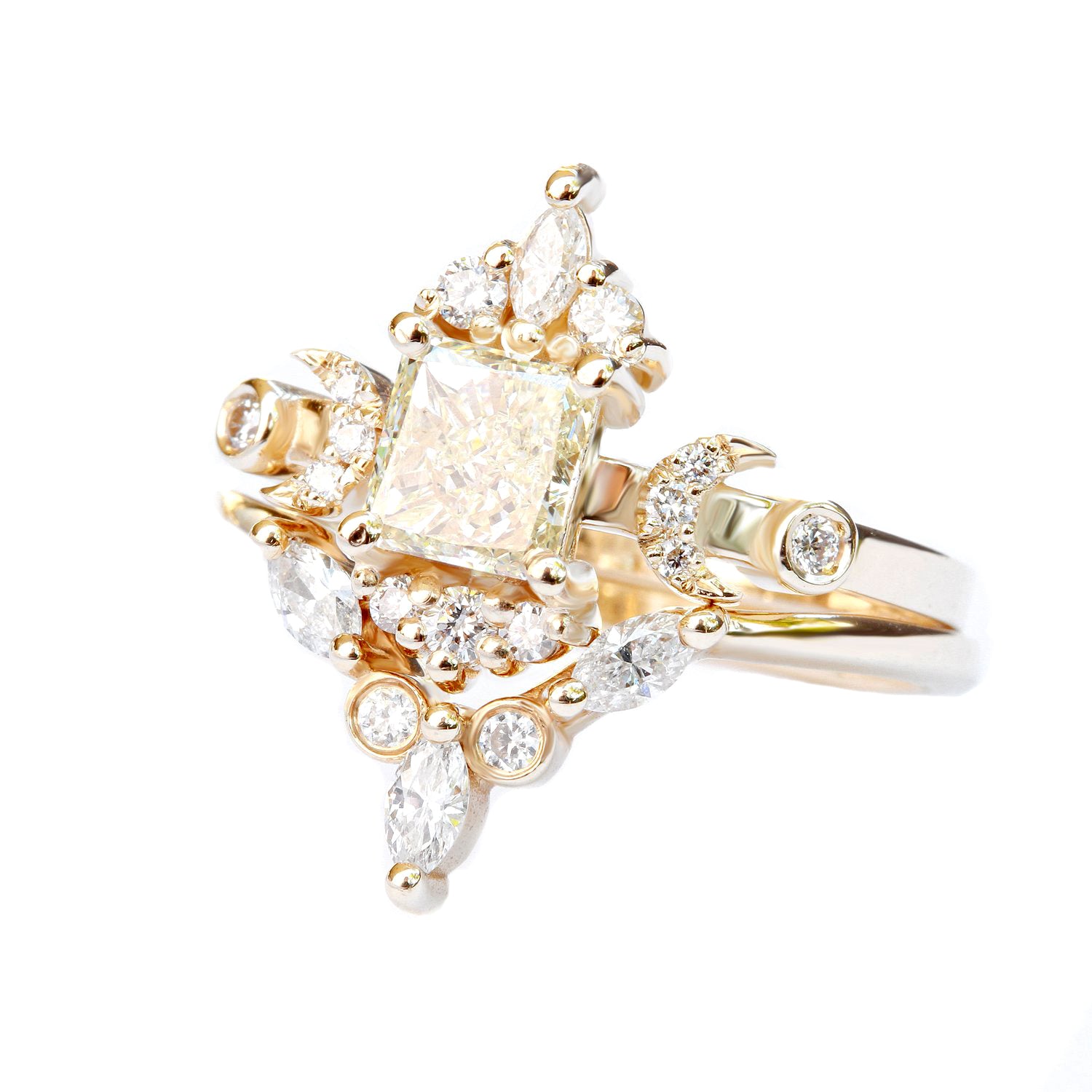 Celestial Hindi Moon Phase Square Diamond Engagement Ring & Amber Nesting Ring