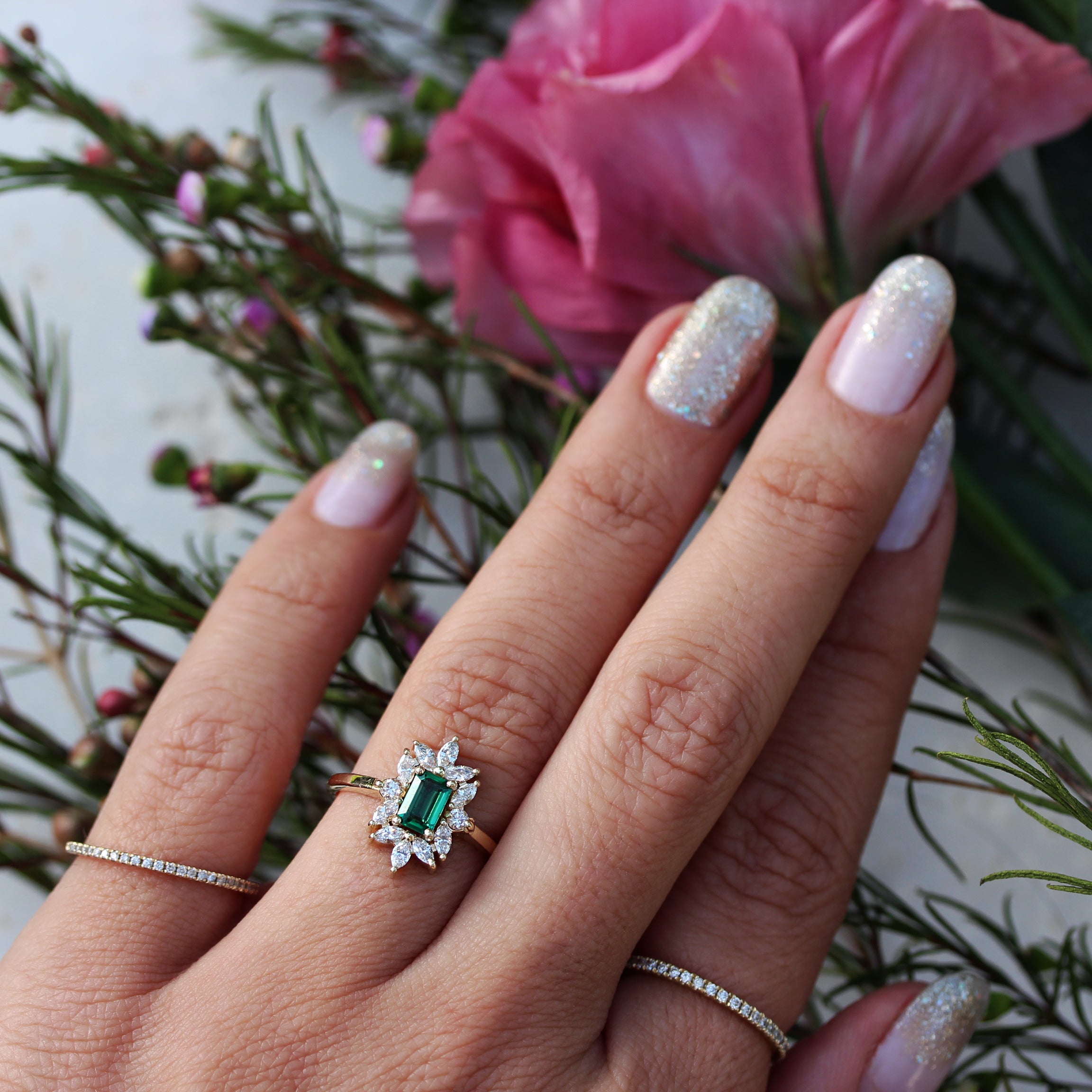 14K White Gold Emerald Cut 3 Stone Halo Engagement Ring