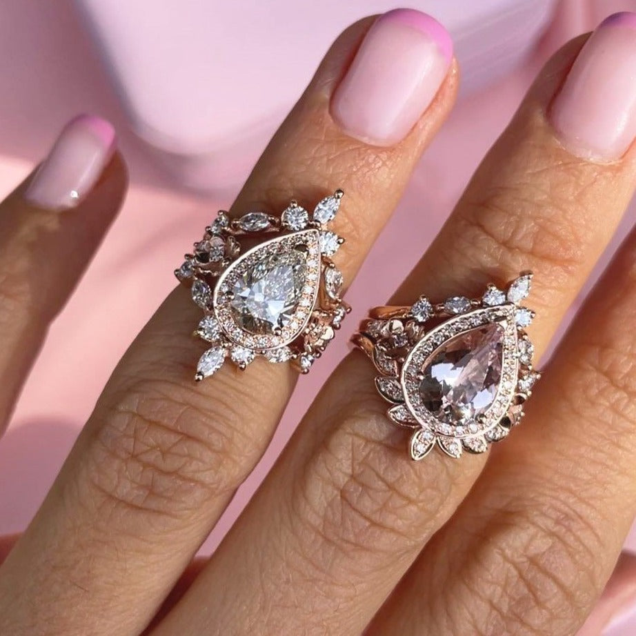 Flowers Pear Diamond Engagement Ring & Two Matching Nesting Bands Three Ring Set - "Antheia"