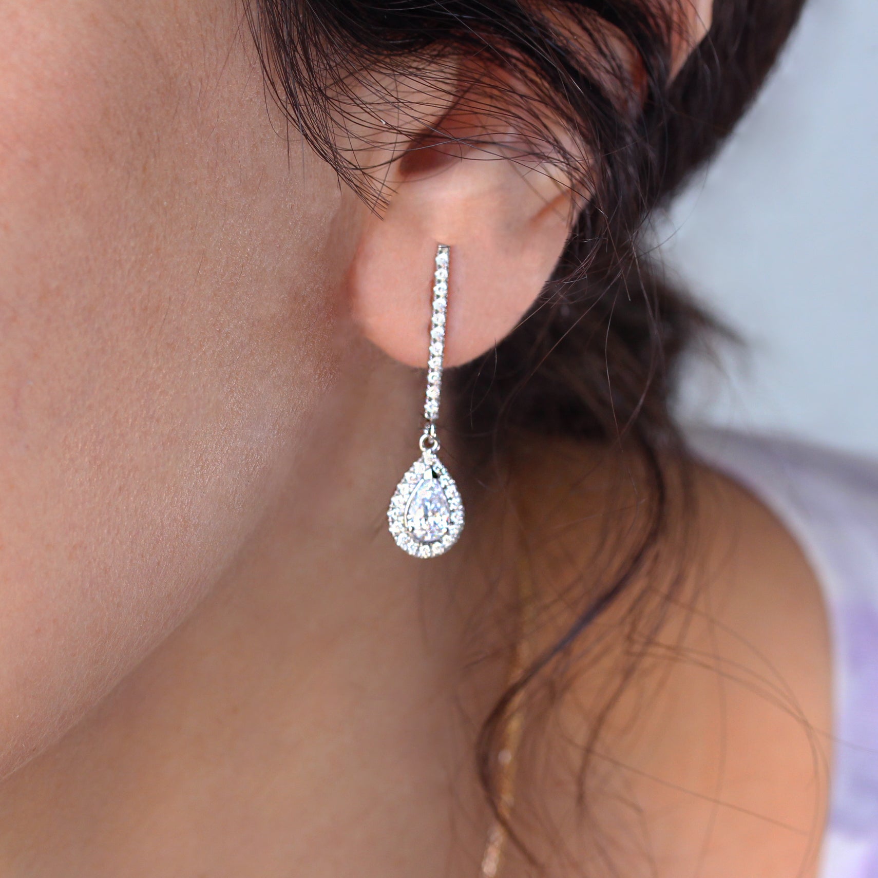 Diamond bar pear diamond halo drop earrings - sillyshinydiamonds