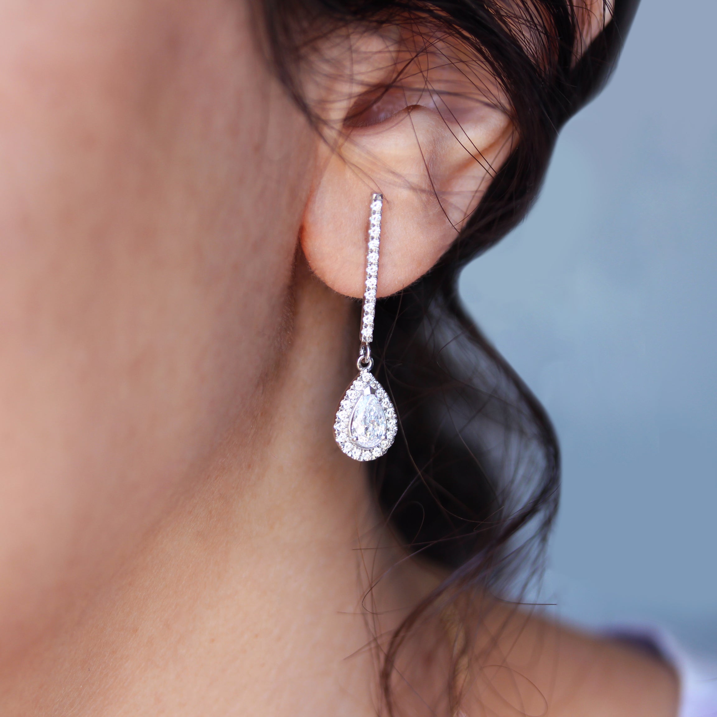 Diamond bar pear diamond halo drop earrings - sillyshinydiamonds