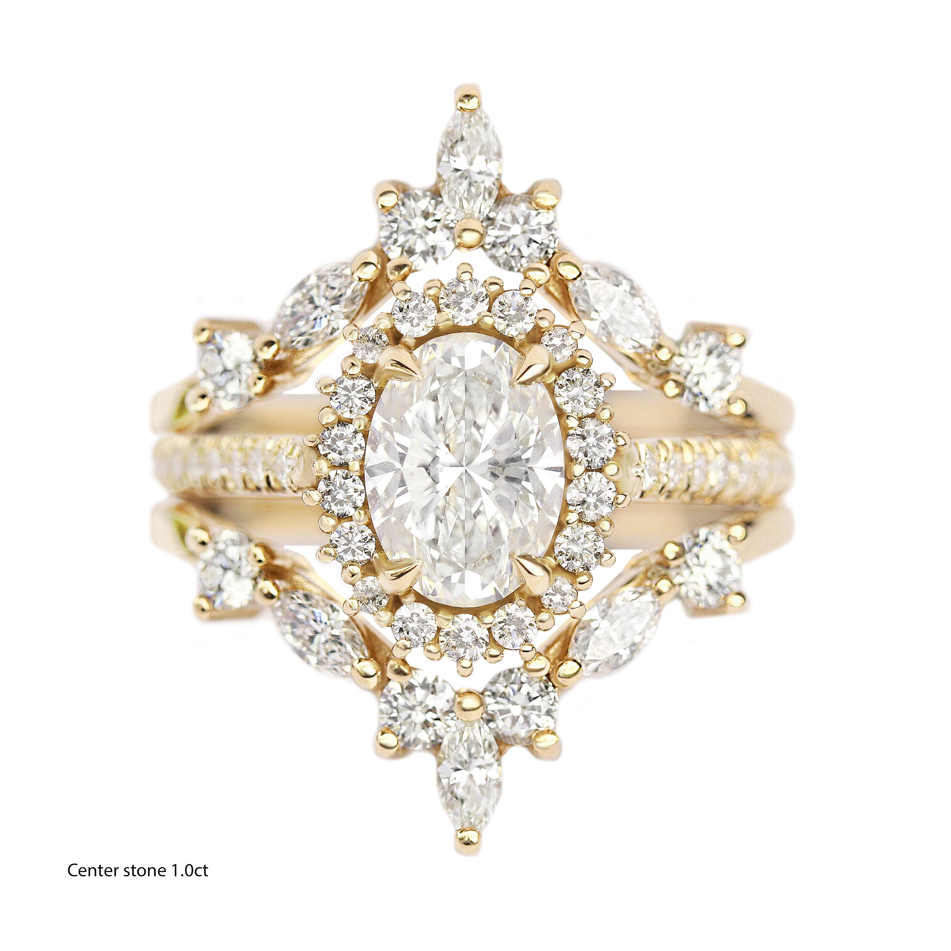 Oval Diamond Halo Engagement ring "Nia' & Two "Hermes" Nesting Bands Three Rings Set
