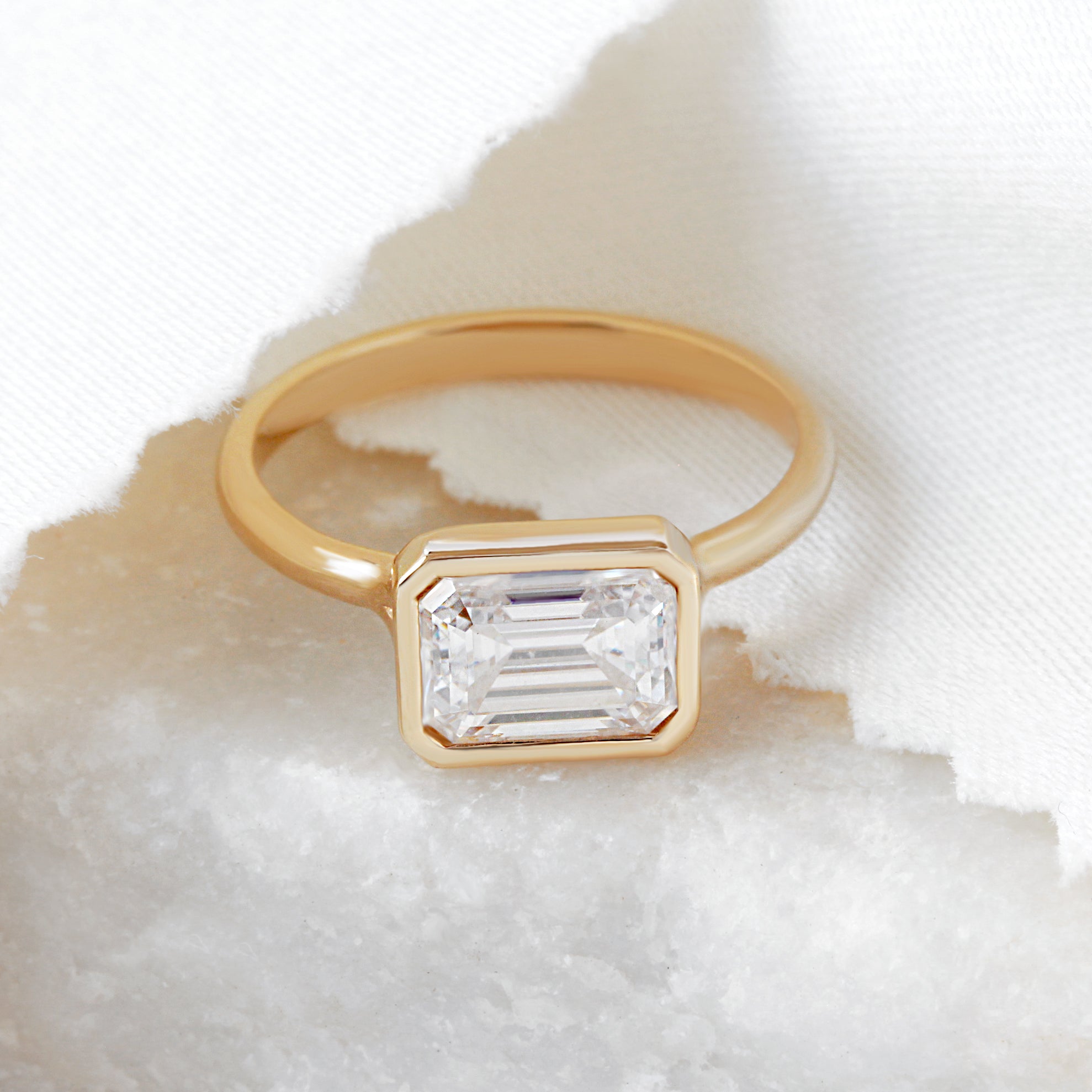 East West Emerald Cut Solitaire Diamond Engagement Ring, Jade, 14K Yellow Gold, OOAK READY TO SHIP! ♥