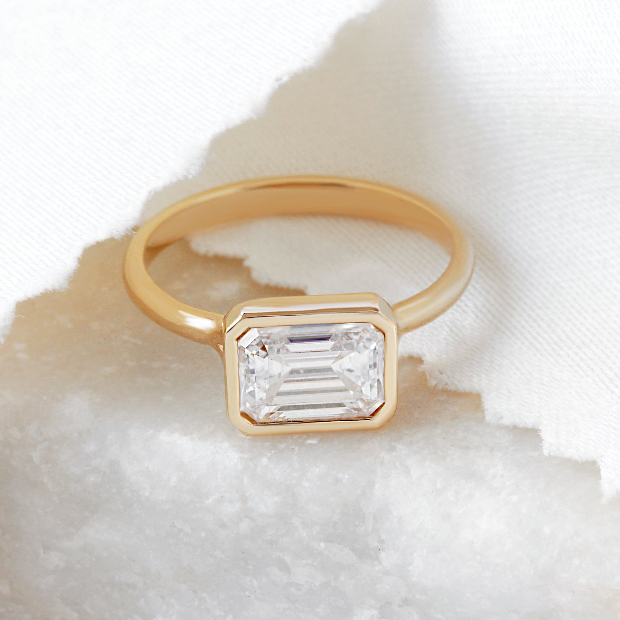 East West Emerald Cut Solitaire Bezel Set Diamond Engagement Ring - Jade