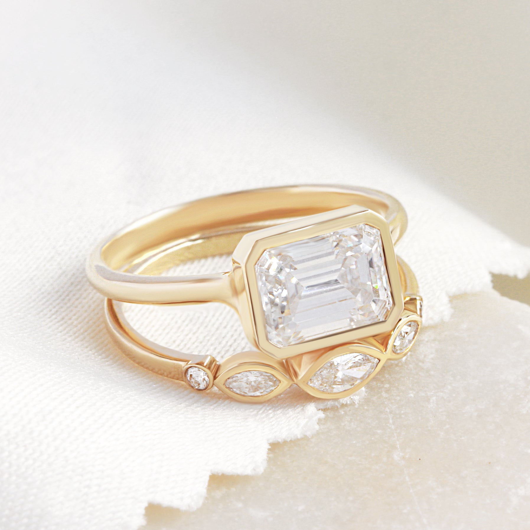 East West Emerald Cut Solitaire Diamond Engagement Ring, Jade, 14K Yellow Gold, OOAK READY TO SHIP! ♥