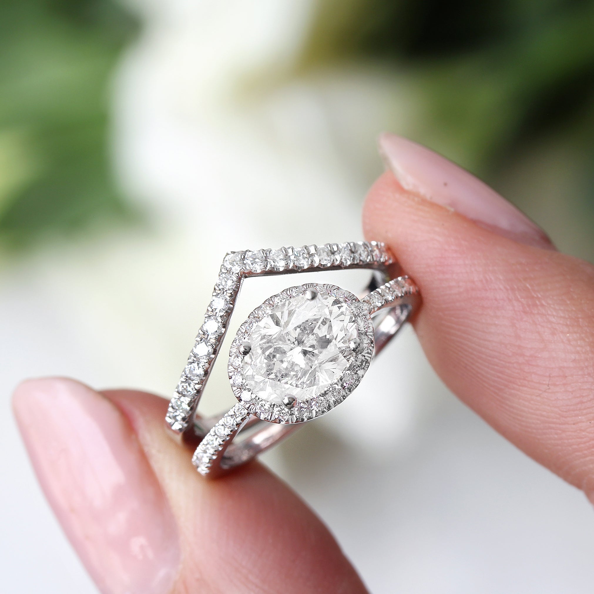 1CT Oval Diamond Halo Unique East West Engagement Ring - "Ivy" ♥