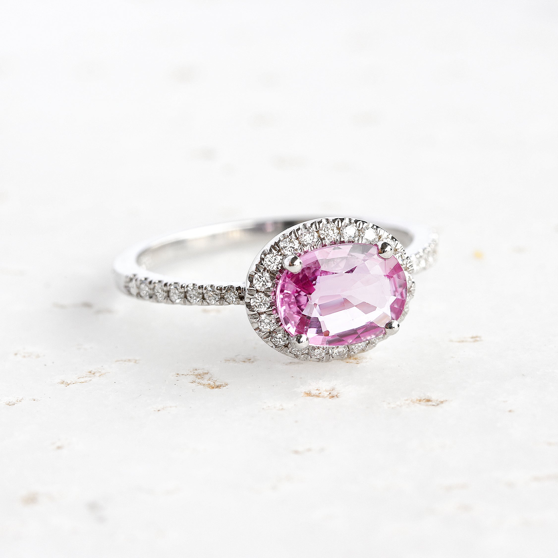 Oval Pink Sapphire & Diamond Halo, Ivy engagement ring - 14K white gold, size 6.5 - sillyshinydiamonds