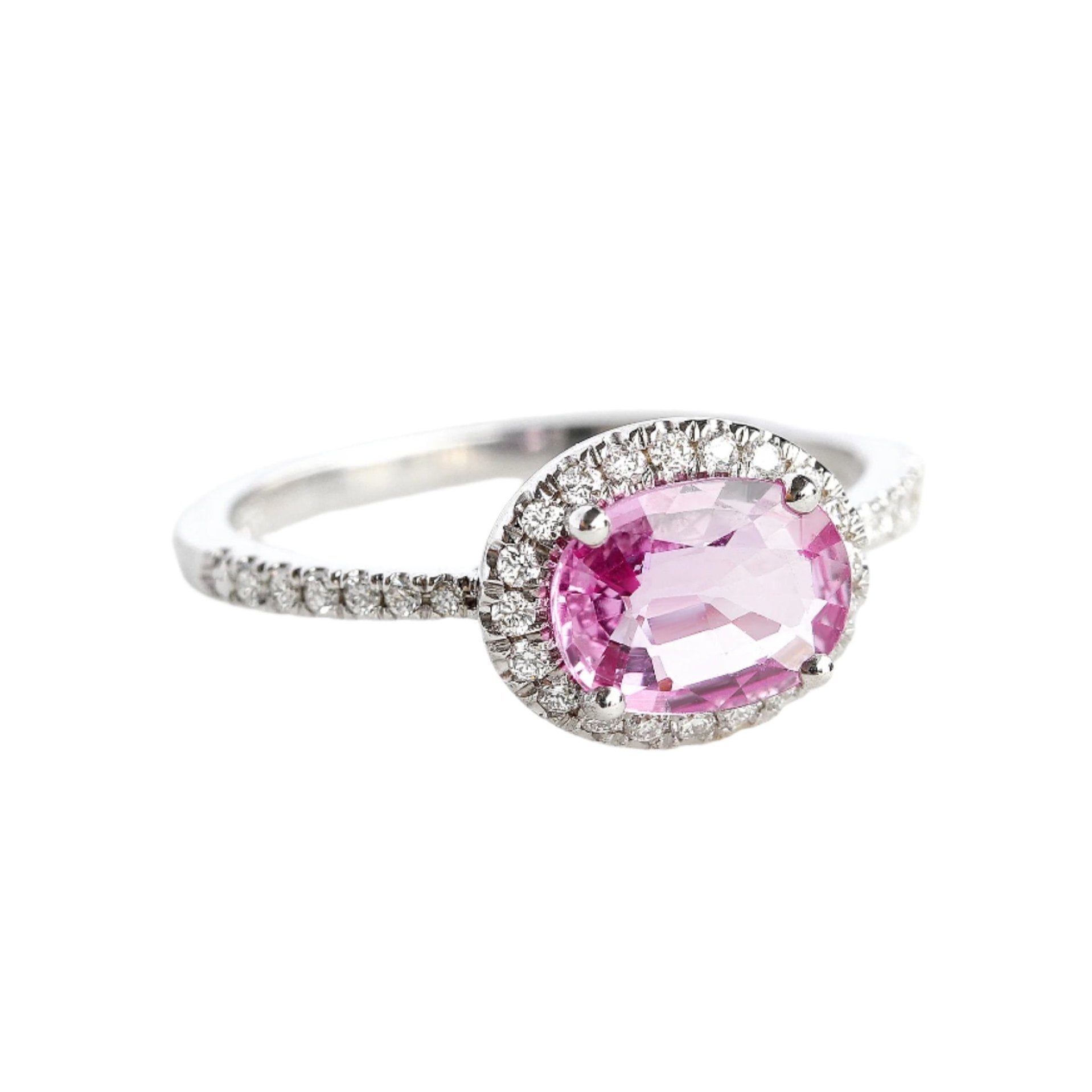 Oval Pink Sapphire & Diamond Halo, Ivy engagement ring - 14K white gold, size 6.5 - sillyshinydiamonds