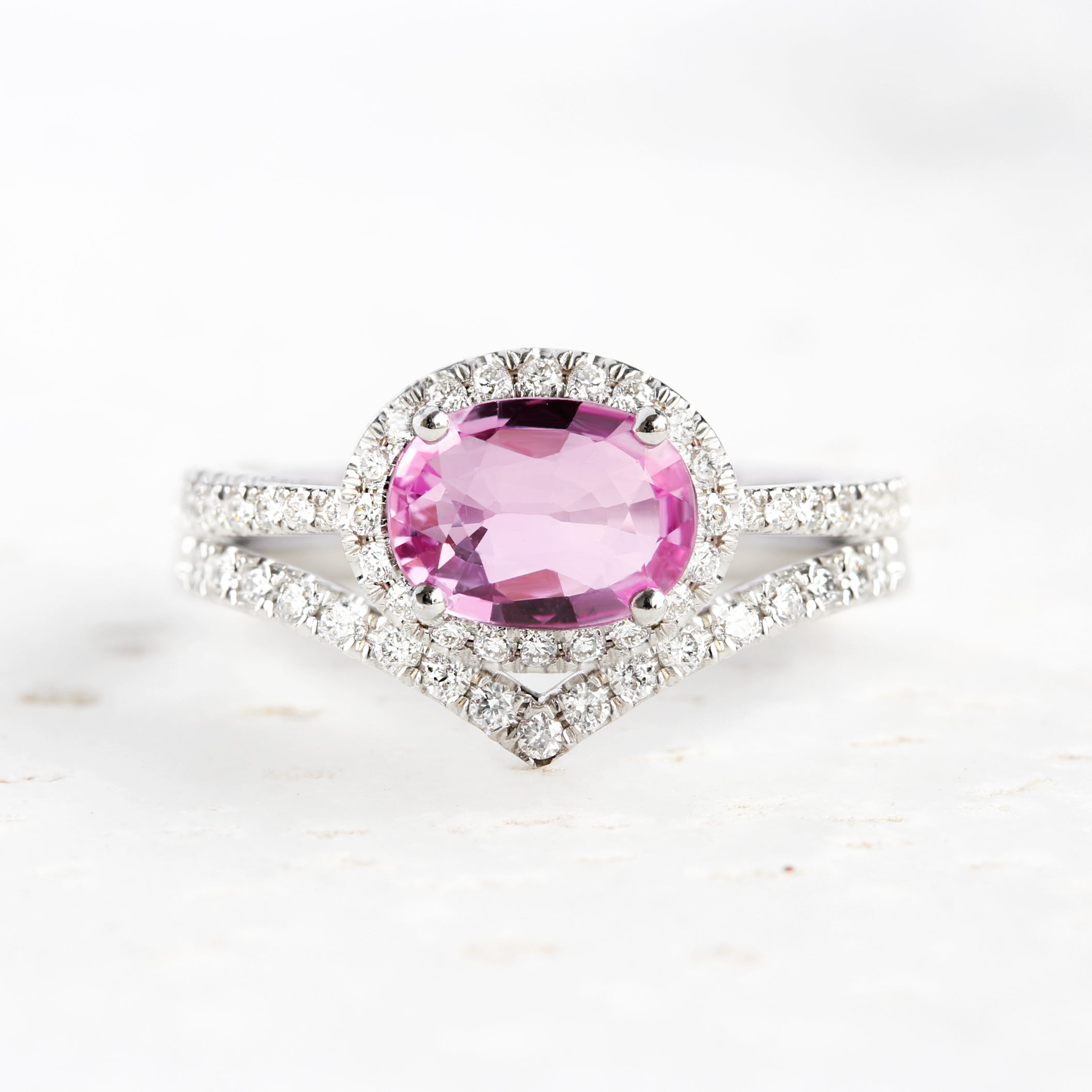 Oval Pink Sapphire & Diamond Halo, Ivy engagement ring - sillyshinydiamonds