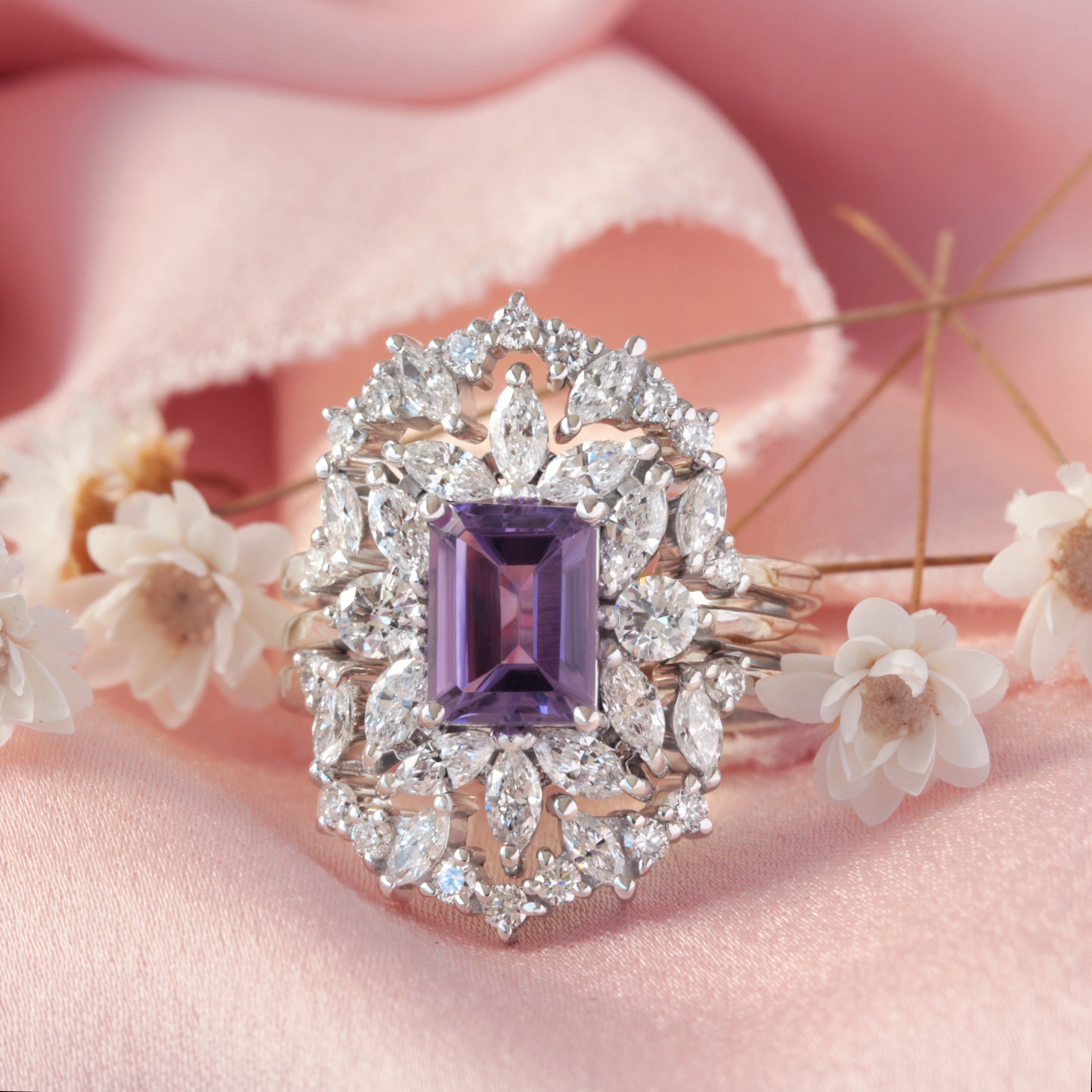 Amethyst Engagement ring, Charlotte with Diamond Ring Guard