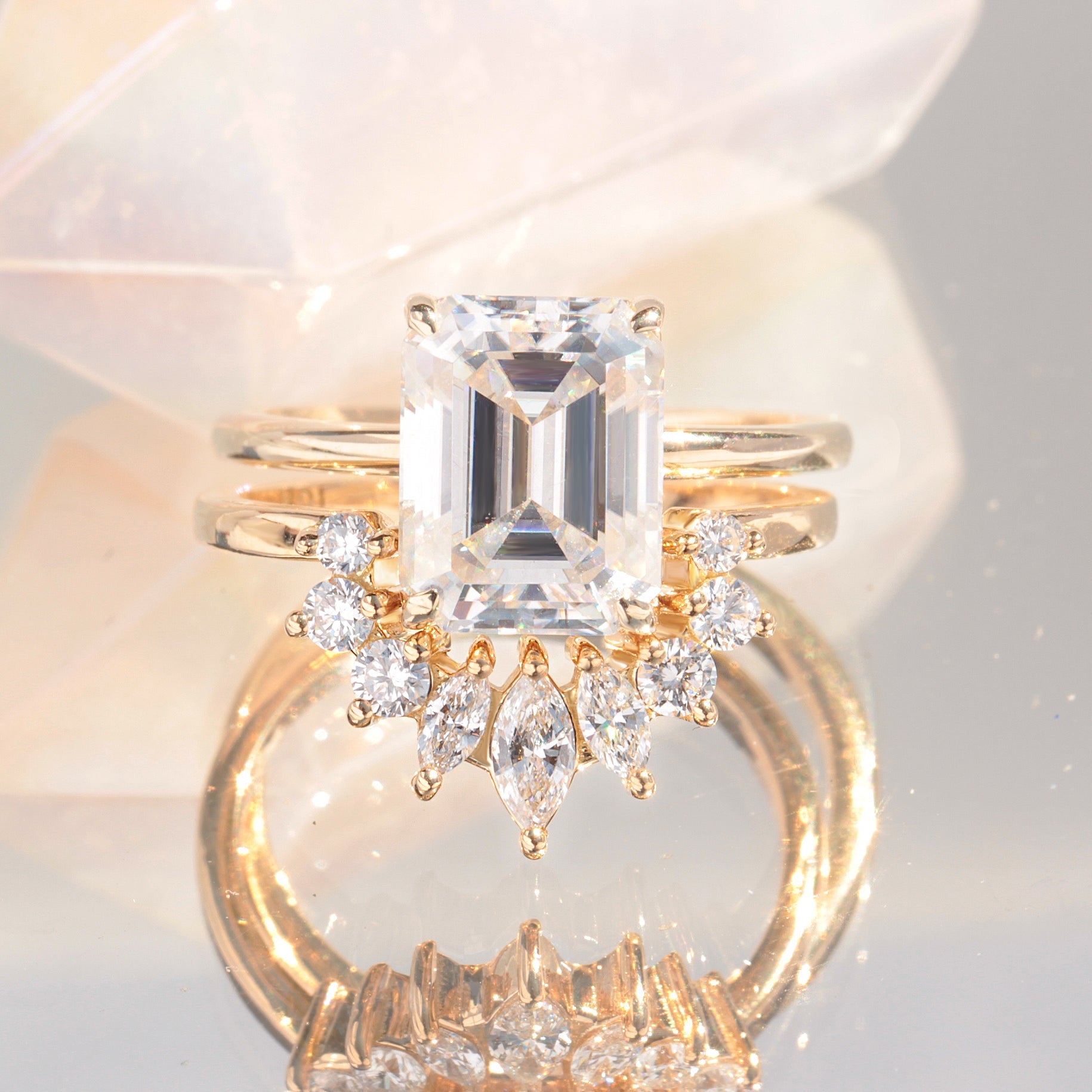 Emerald Cut Solitaire Diamond Engagement Ring "Demi" & "Tessa" Nesting Band, Two Rings Set