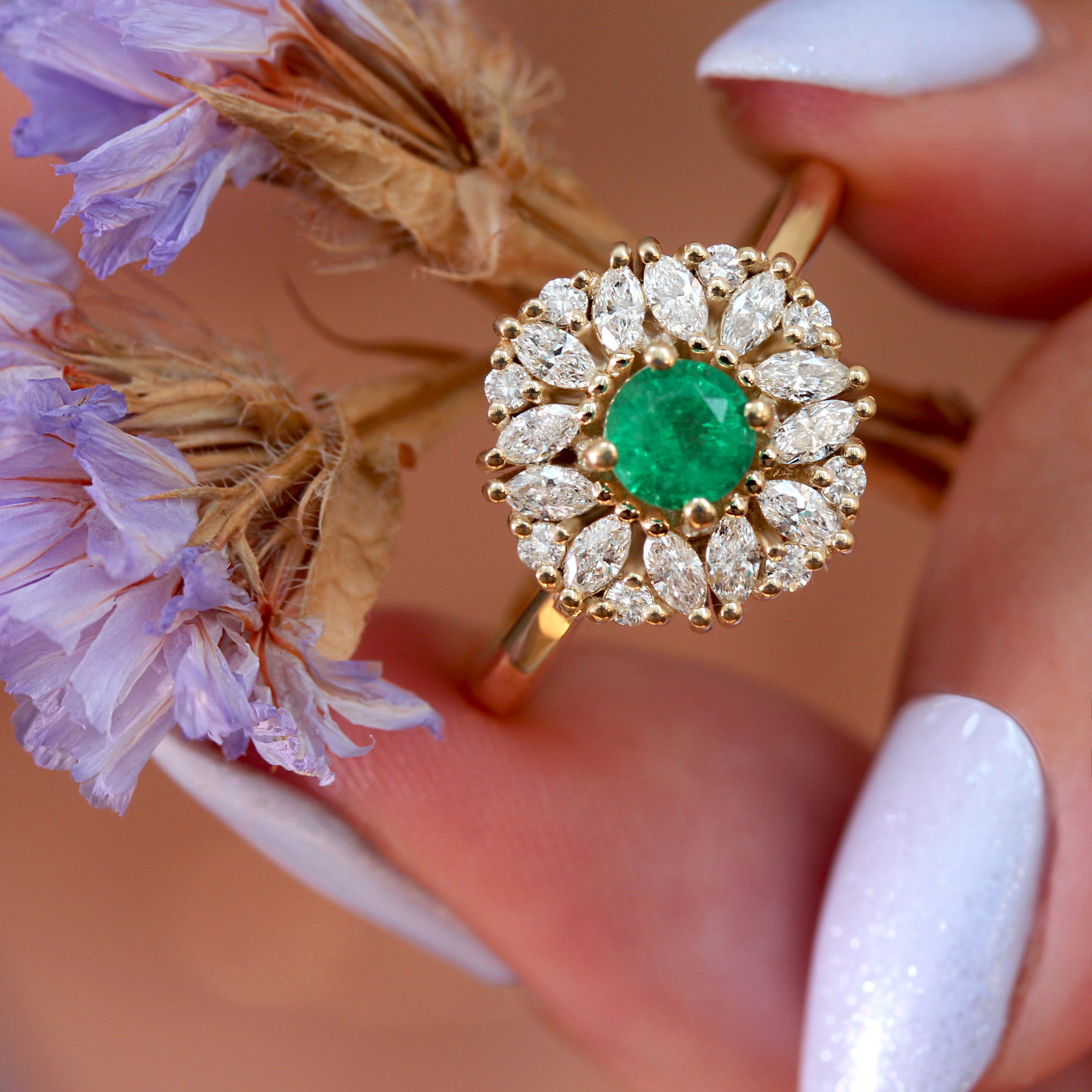 Ballerina emerald and unique diamond halo engagement ring, Harper