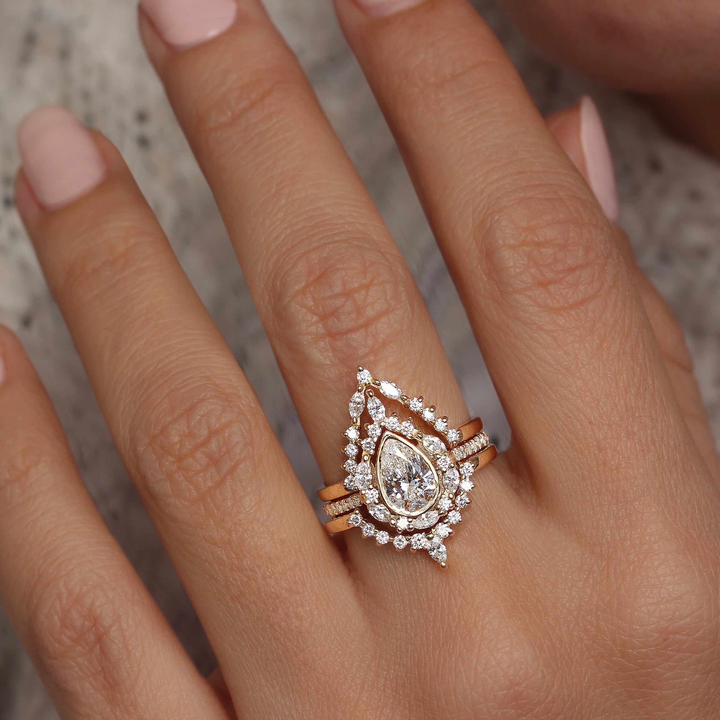 Pear Diamond Unique Engagement Three Rings Set - "Eva" ♥