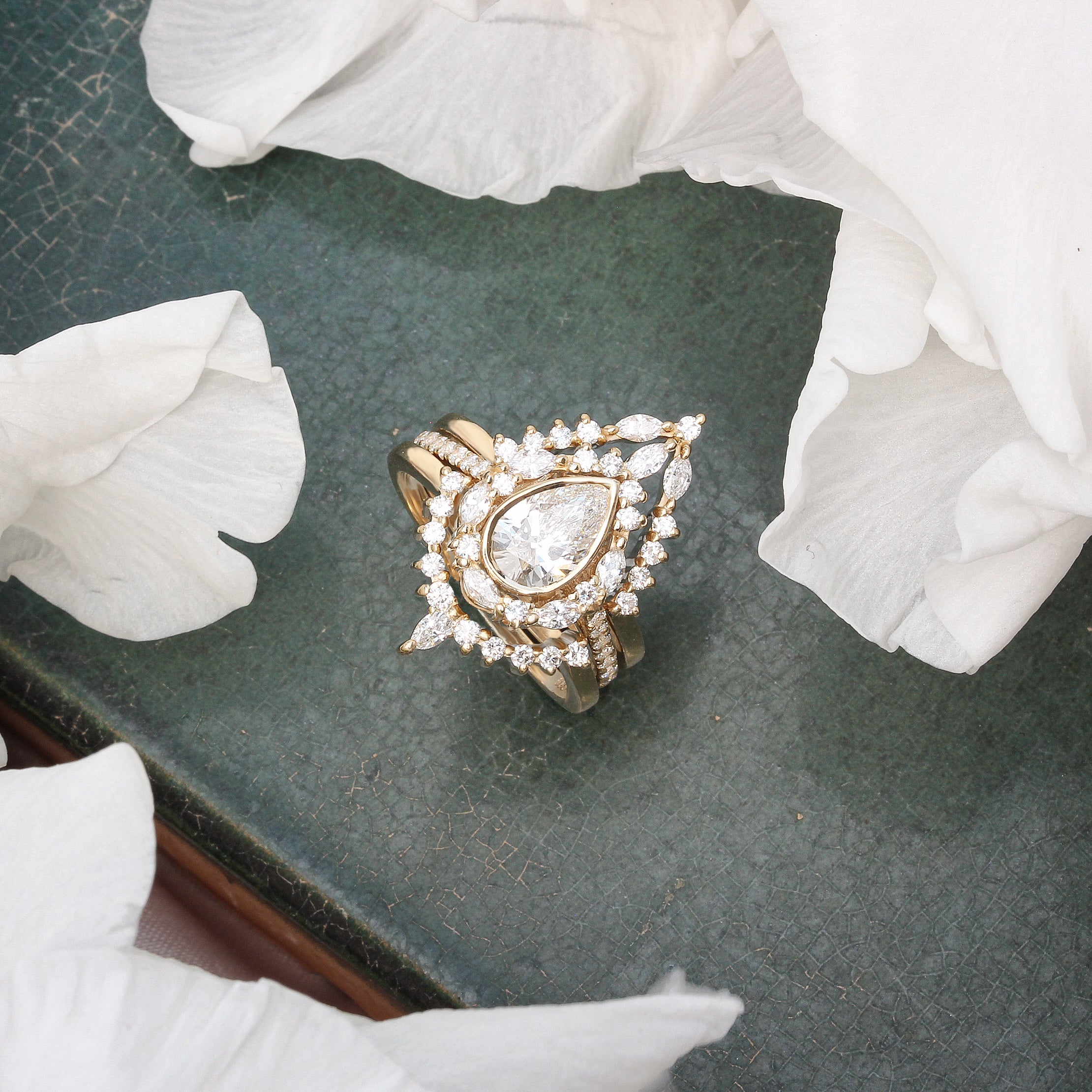 Pear Diamond Unique Engagement Three Rings Set - "Eva" ♥