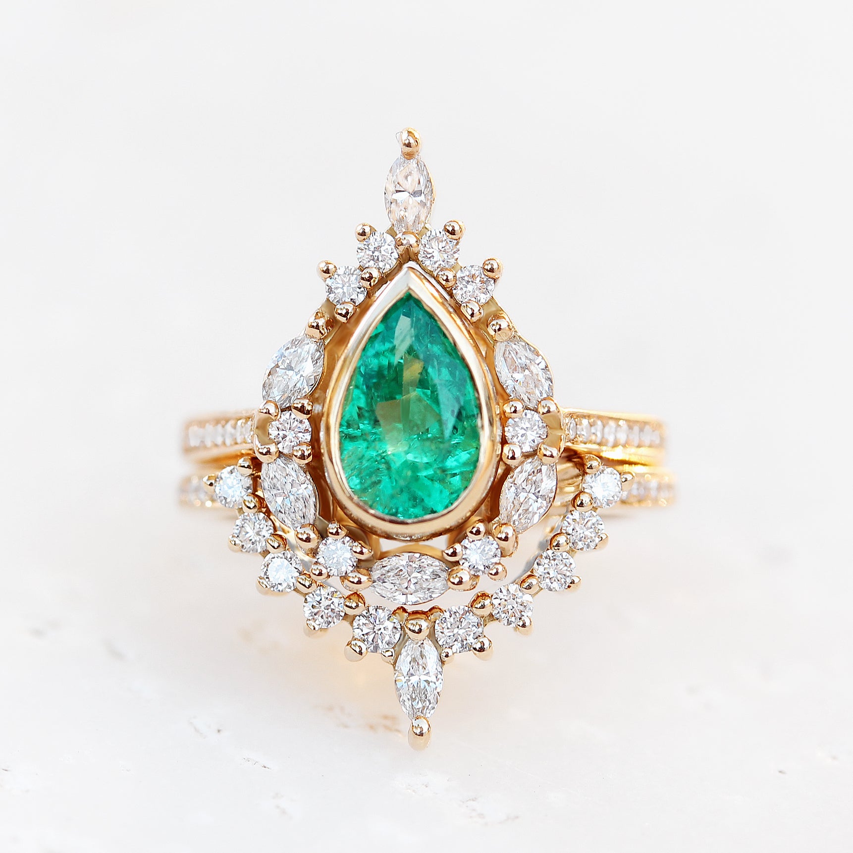 Pear Emerald Unique Engagement Ring Set, Eva - sillyshinydiamonds
