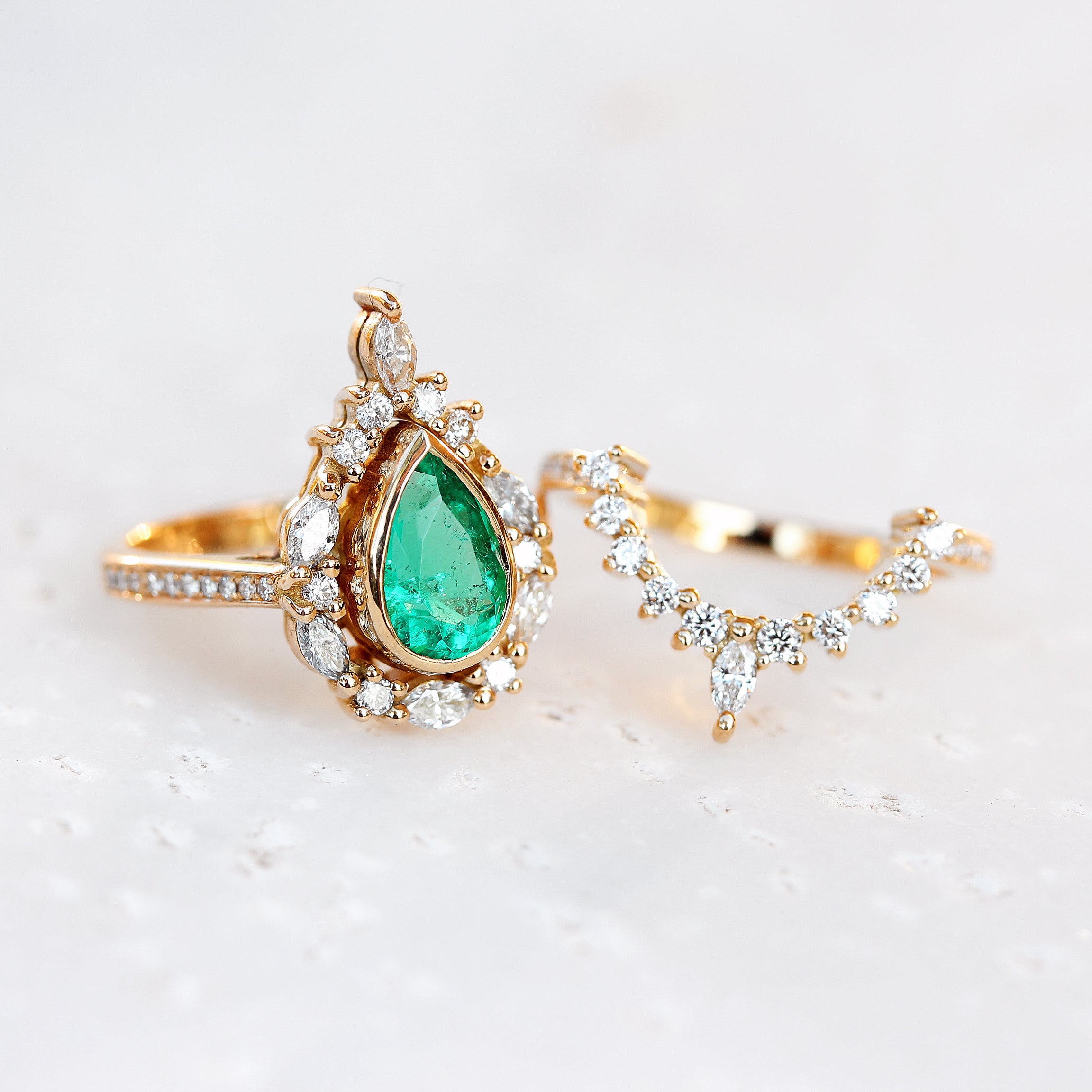 Pear Emerald Unique Engagement Ring Set, Eva - sillyshinydiamonds