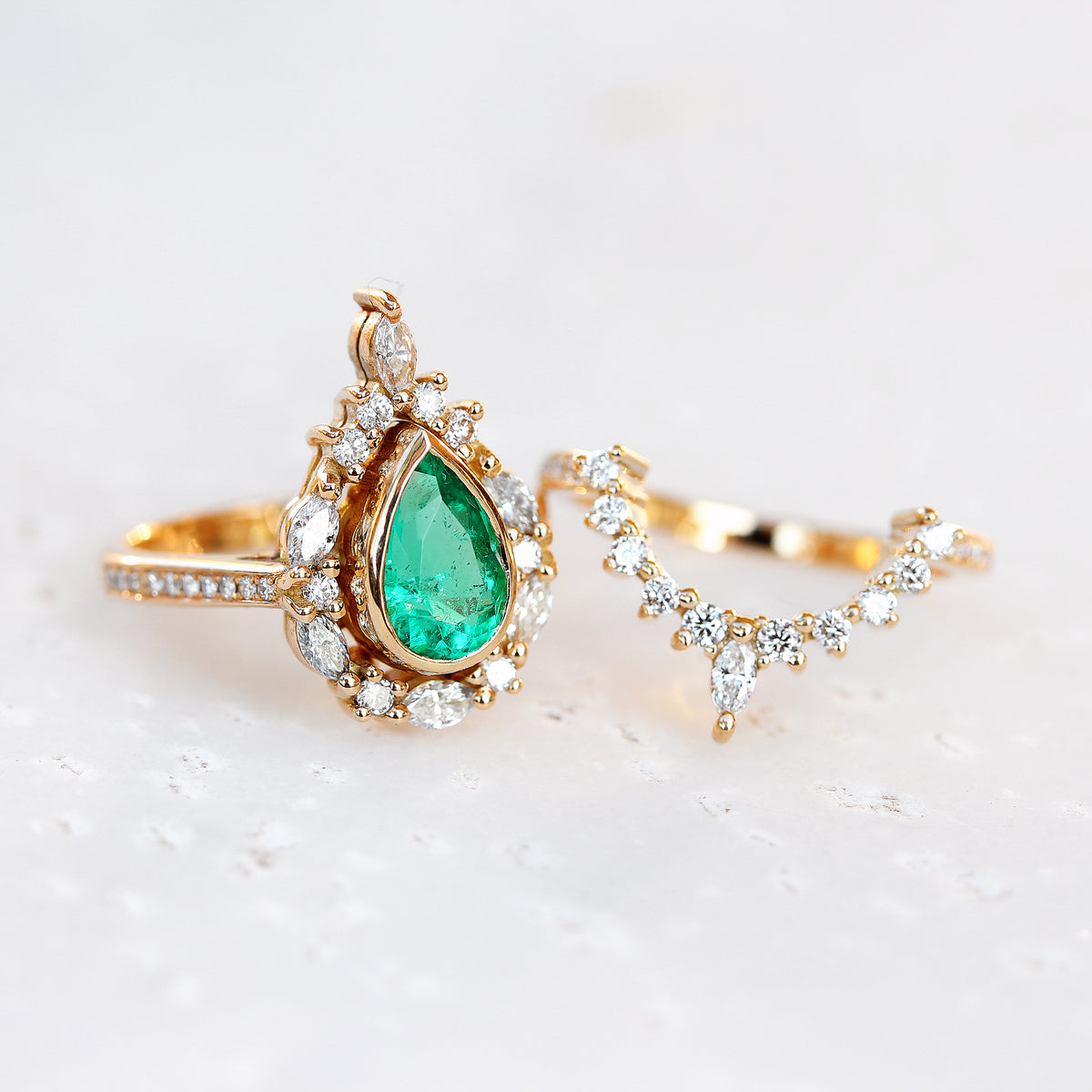 Pear Emerald Unique Engagement Ring Set, Eva - sillyshinydiamonds