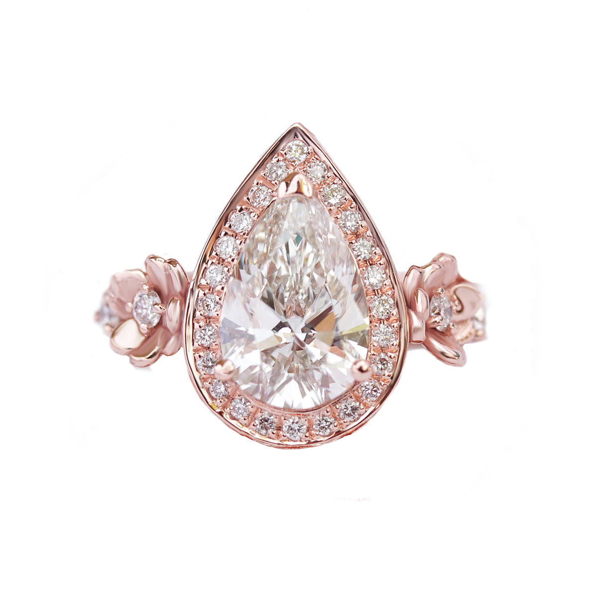 Flowers Pear Diamond Engagement Ring & Two Matching Nesting Bands Three Ring Set - "Antheia"