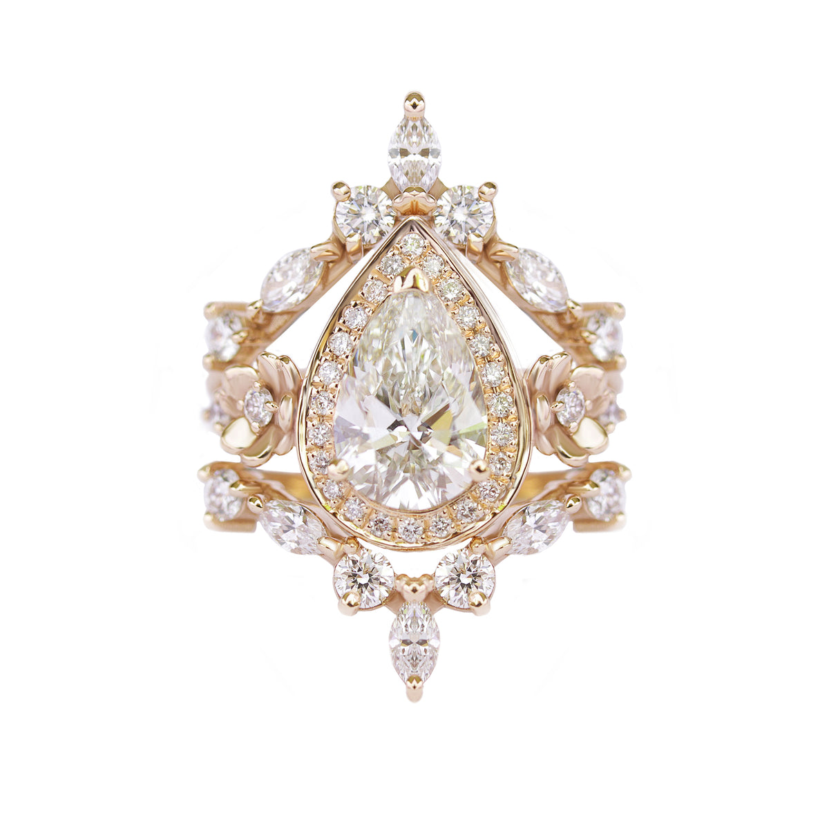 Flowers Pear Diamond Engagement Ring & Two Matching Nesting Bands Three Ring Set - "Antheia"