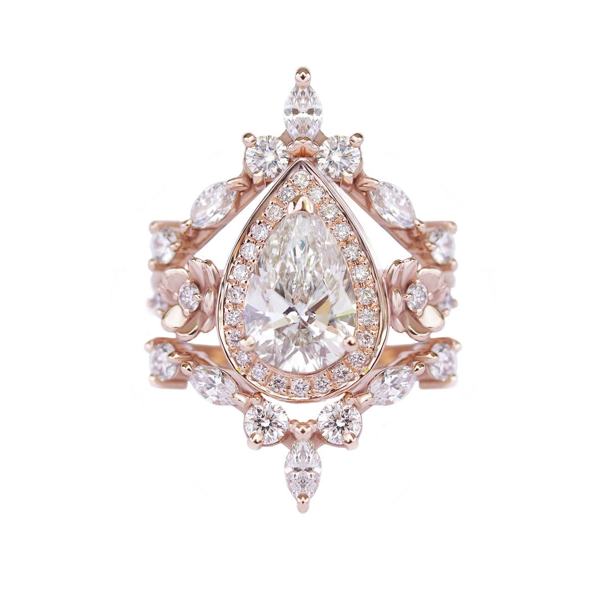 Flowers Pear Diamond Engagement Ring & Two Matching Nesting Bands Three Ring Set - "Antheia"