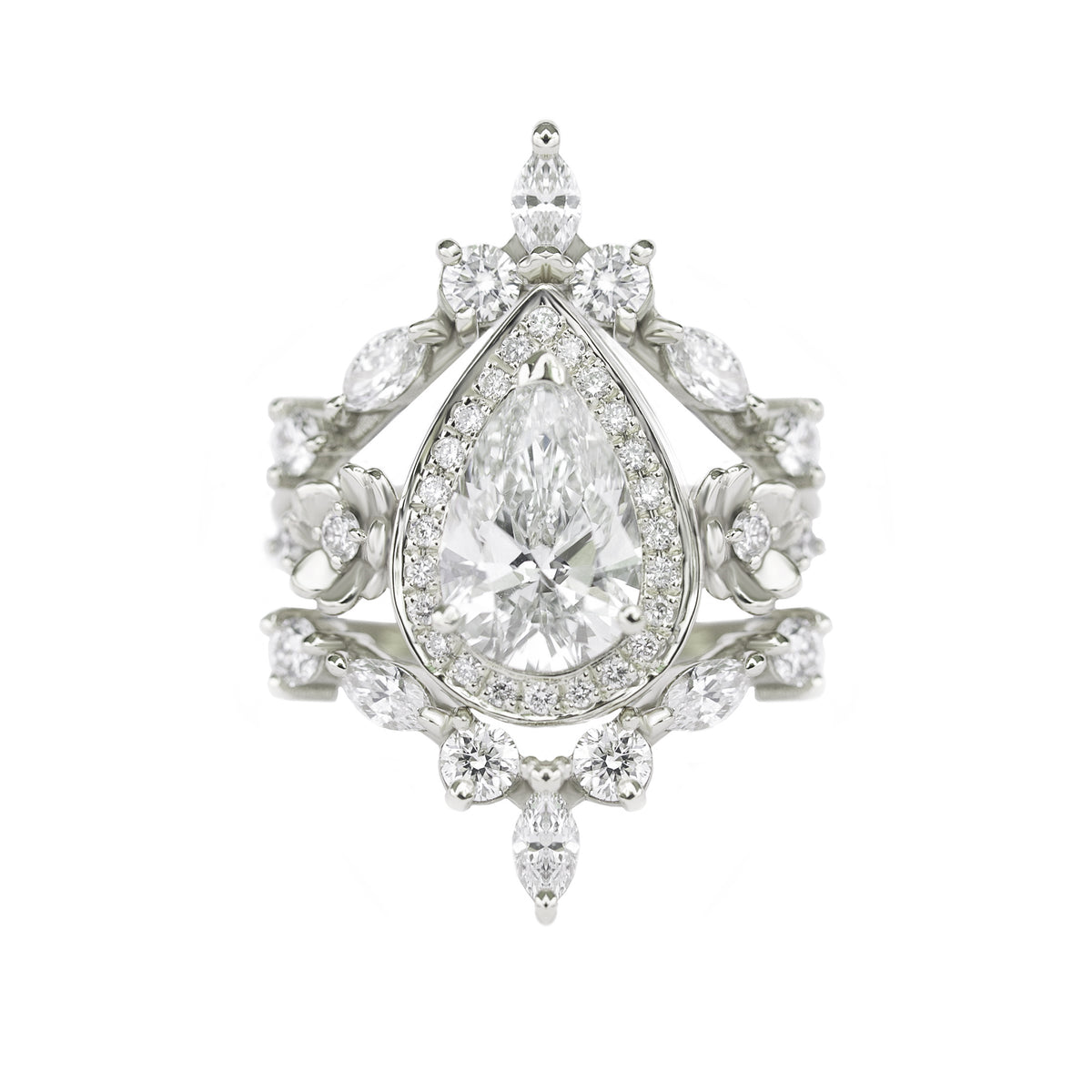Flowers Pear Diamond Engagement Ring & Two Matching Nesting Bands Three Ring Set - "Antheia"