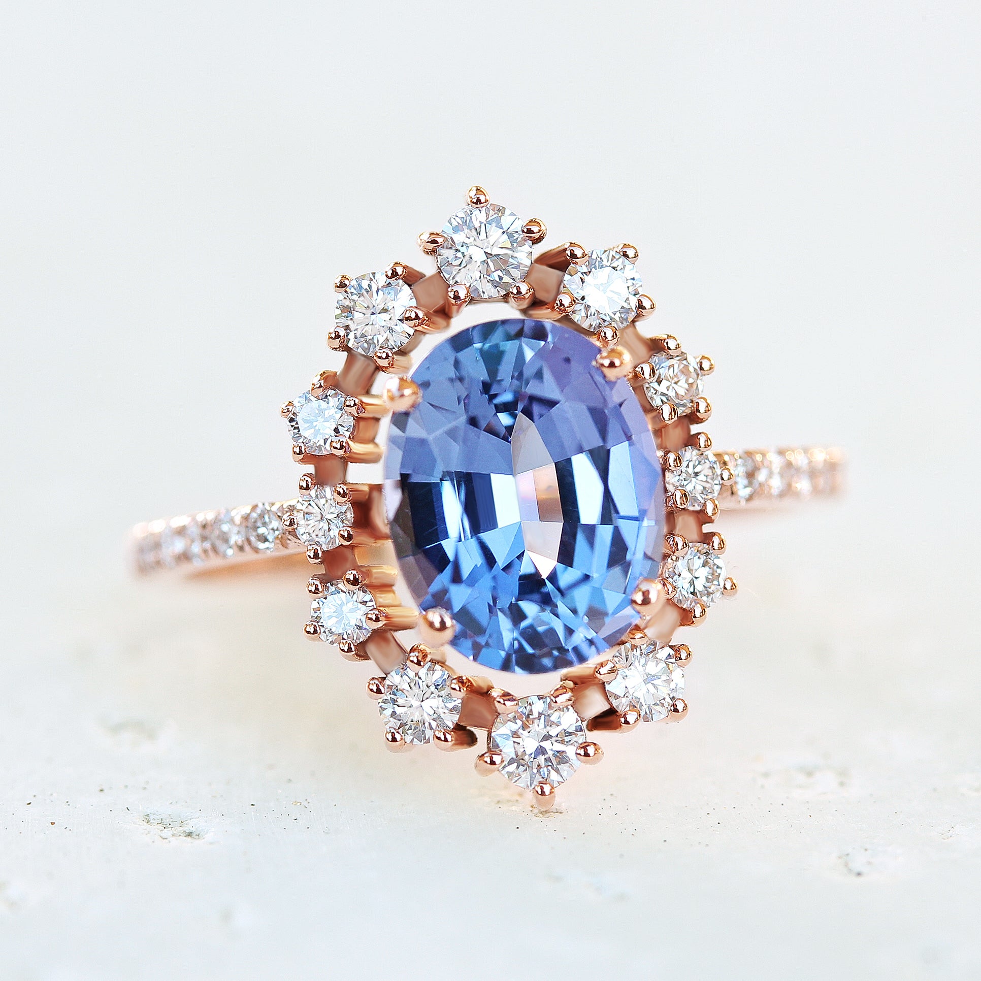 Tanzanite & Diamonds Halo Unique Engagement Ring - Glory - sillyshinydiamonds