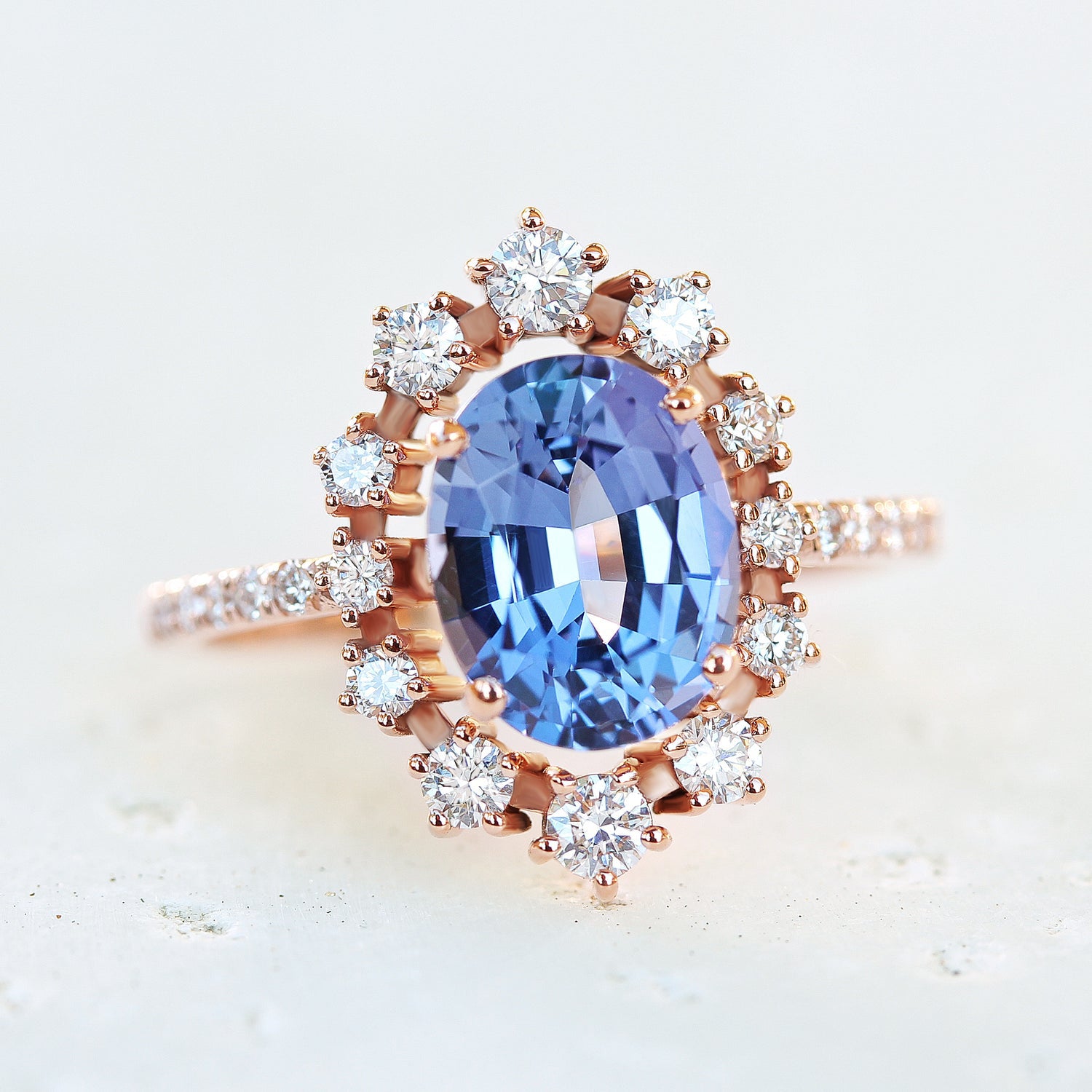 Oval Tanzanite & Diamonds Halo Engagement Ring, Glory ♥