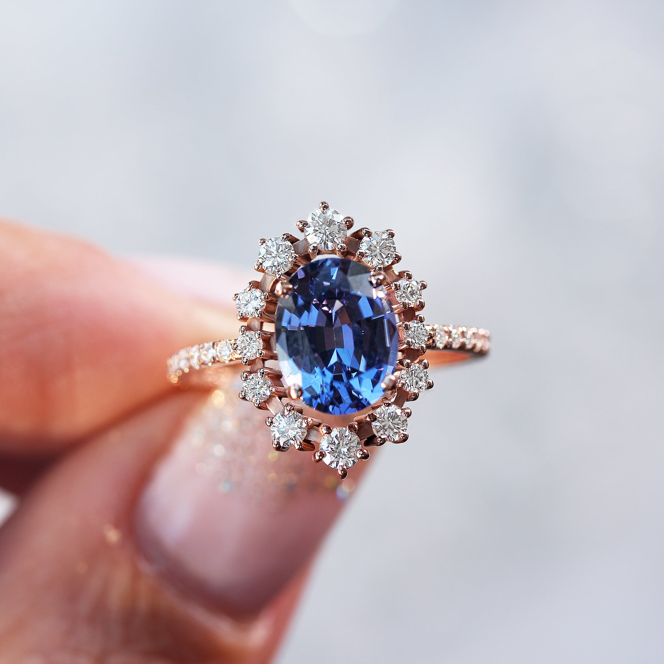 Tanzanite & Diamonds Halo Unique Engagement Ring - Glory - sillyshinydiamonds