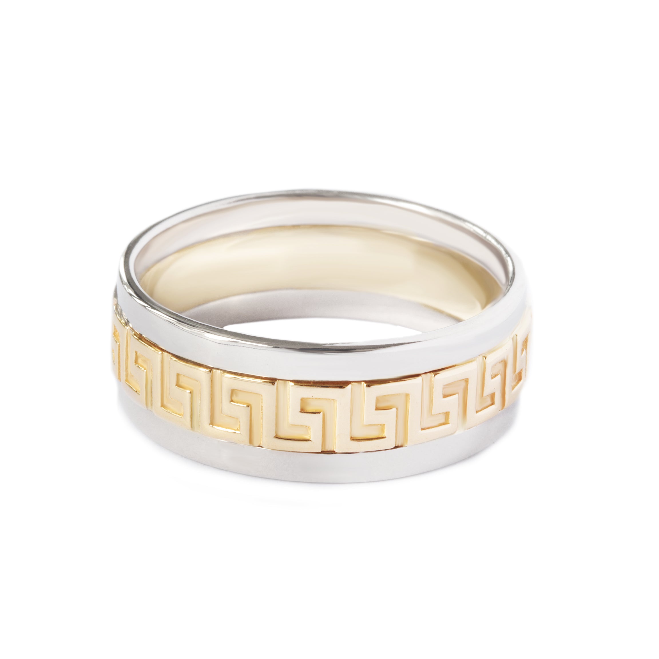 Two Tone Gold Greek Key Design Wedding Ring