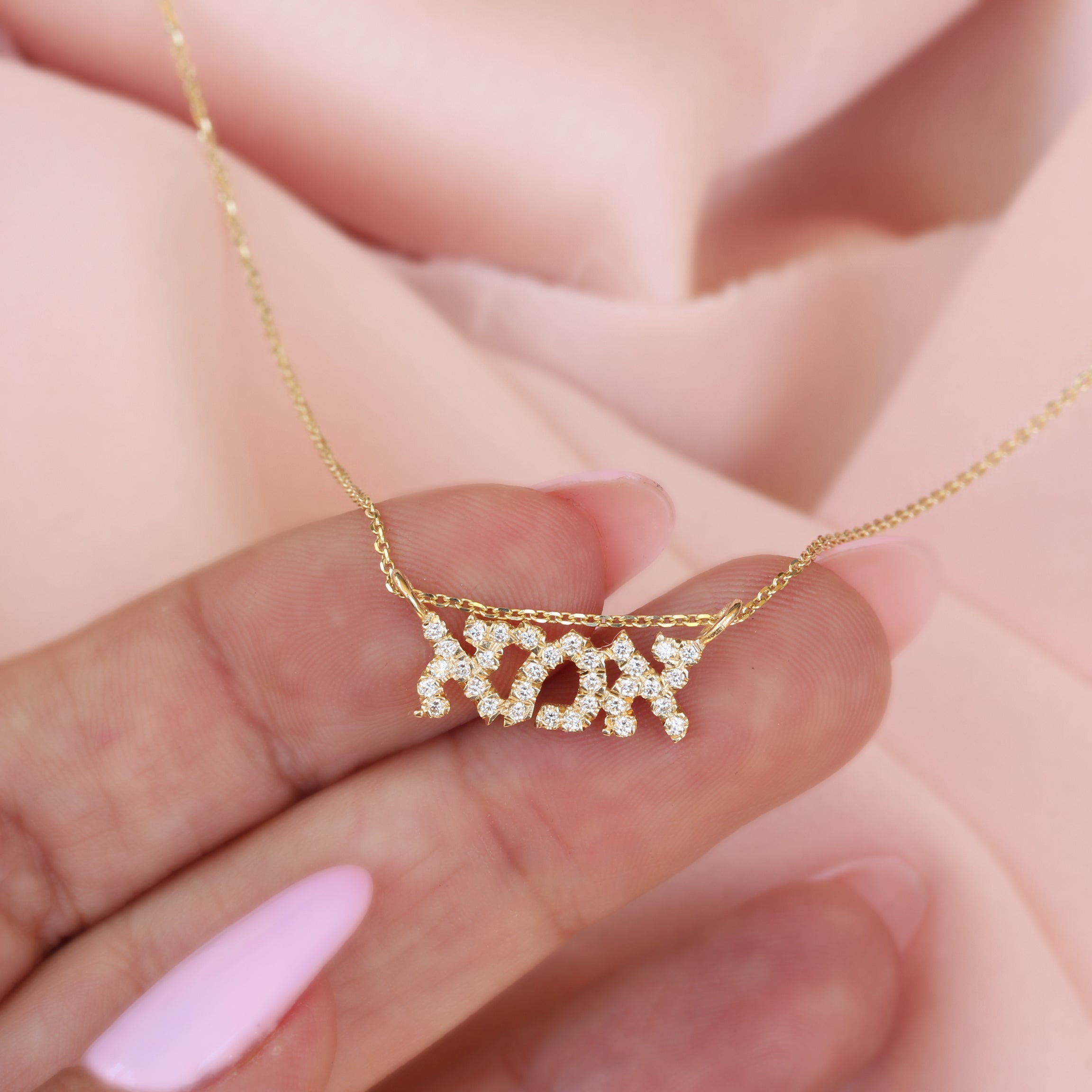Hebrew Mom Diamond Necklace, 14K yellow Gold, 42cm, Ready to Ship