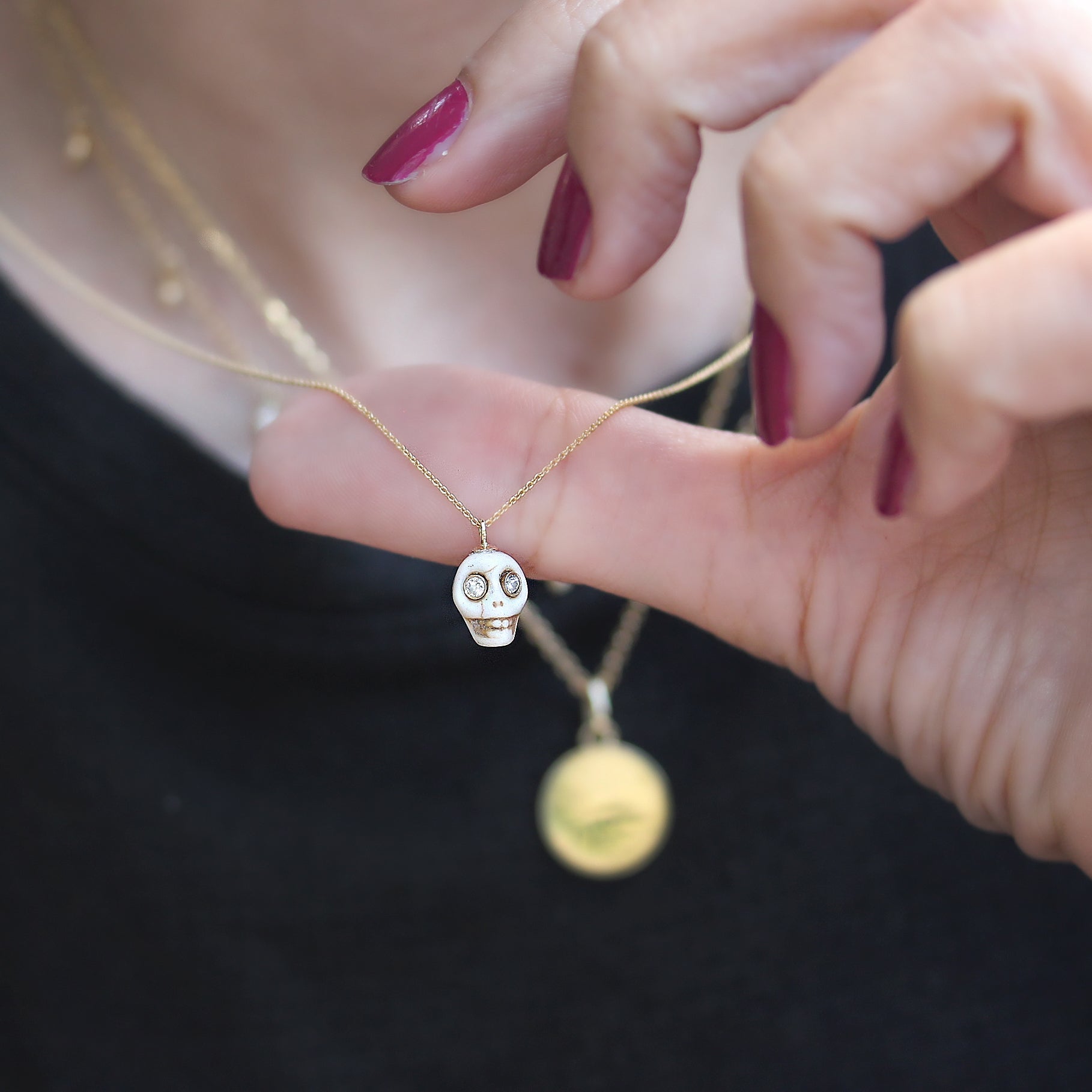 Howlite Turquoise Mini Skull gold Pendant Necklace for Halloween - sillyshinydiamonds