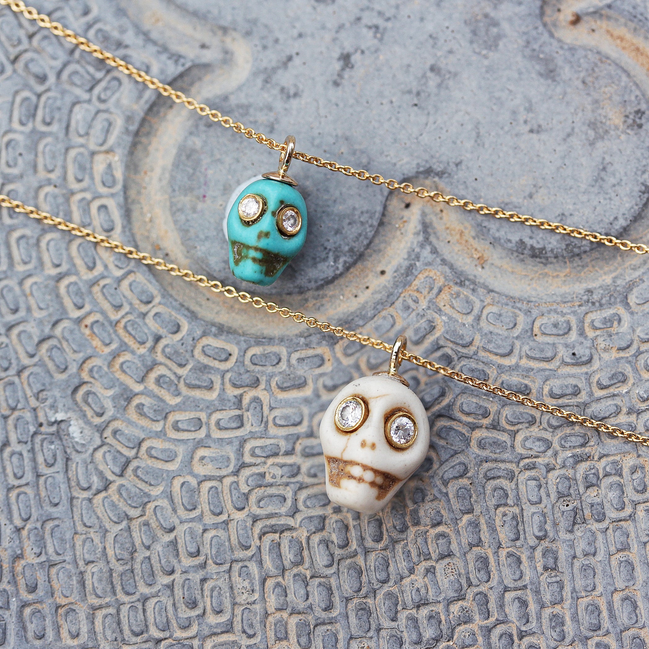 Skeleton Turqoise Hand Carved Skull Turquoise Bone, Gold & Diamonds Tribal Charm ♥ ...