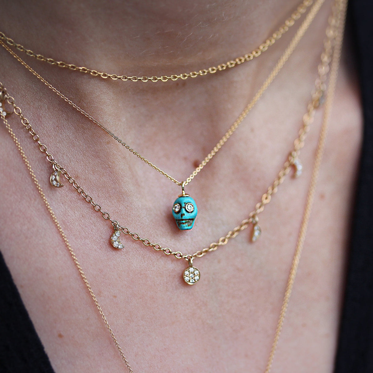 Howlite Turquoise Mini Skull gold Pendant Necklace for Halloween - sillyshinydiamonds