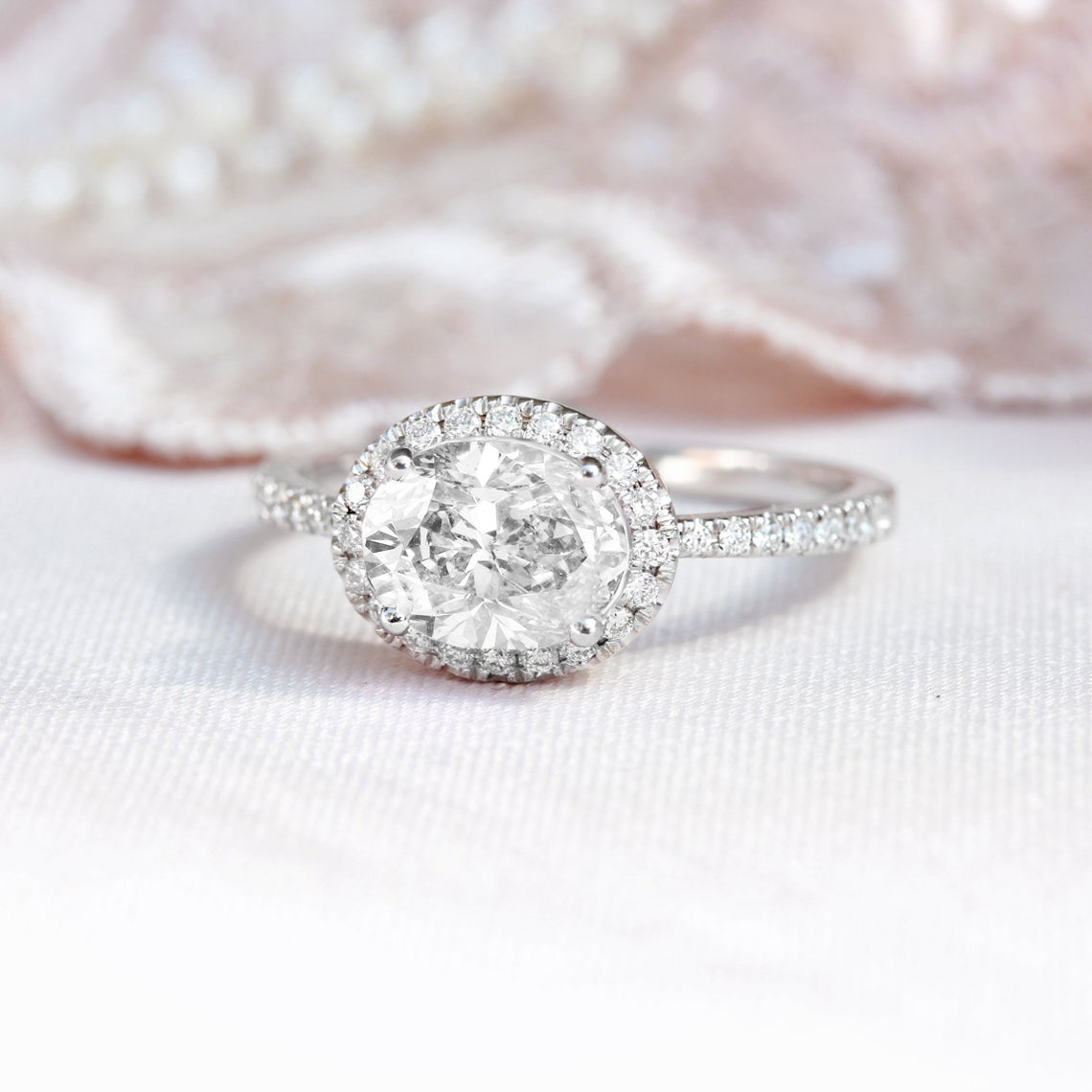Oval Diamond Halo Unique East West Engagement Ring - "Ivy" ♥