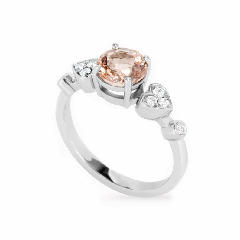 Morganite & Diamond Heart Shank Unique Engagement Ring, Ready to ship in 14K White Gold, Size 6.5 - Doti