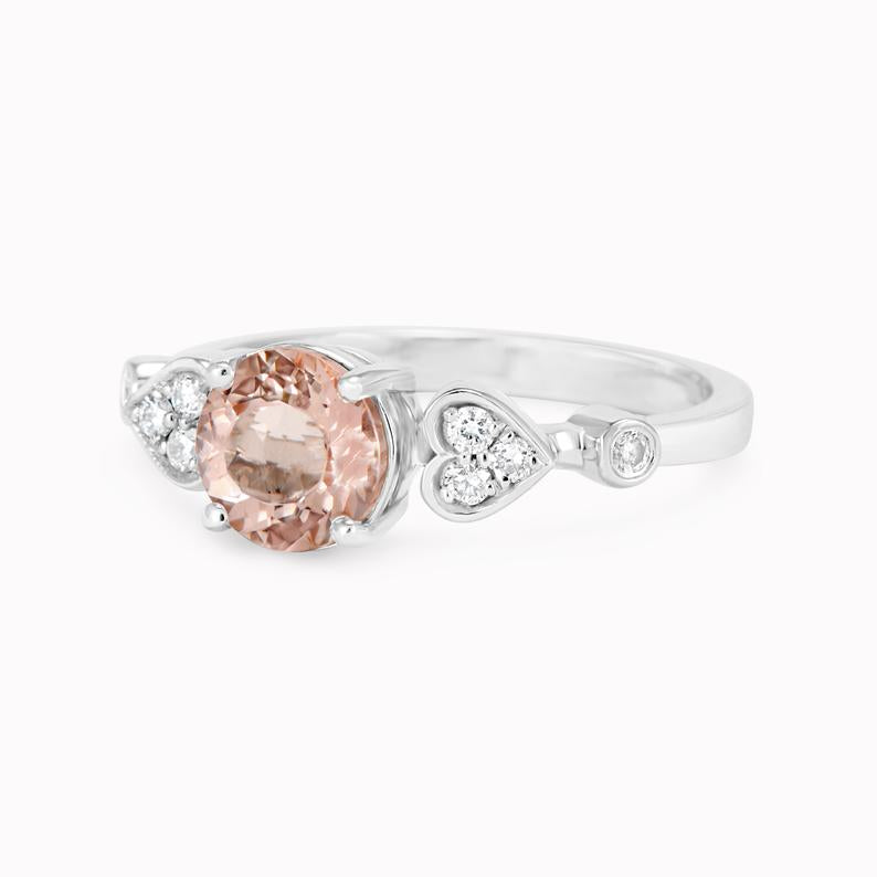 Morganite & Diamond Heart Shank Unique Engagement Ring, Ready to ship in 14K White Gold, Size 6.5 - Doti