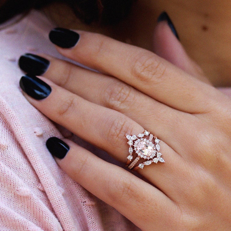 Oval Nia & Two Hermes, Morganite & Diamond Engagement Three Rings Set