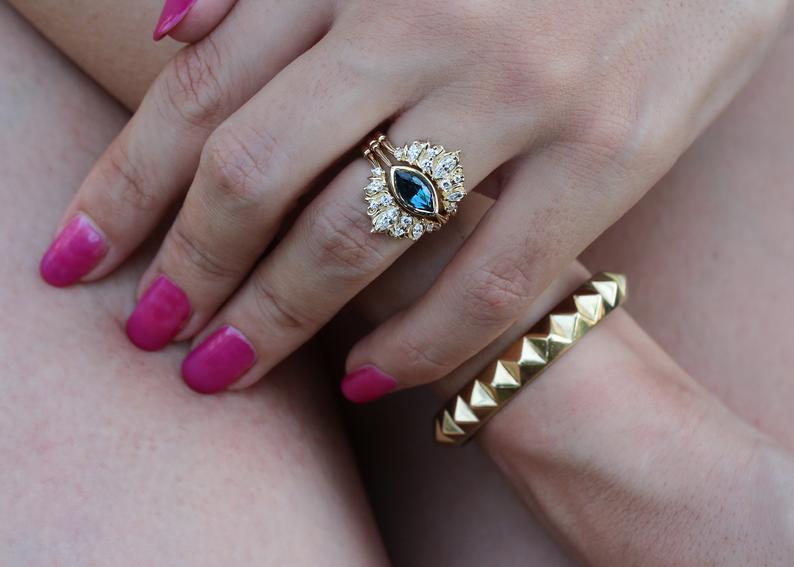 Illuminati Marquise Blue Topaz - Unique Bridal Two ring Set - sillyshinydiamonds