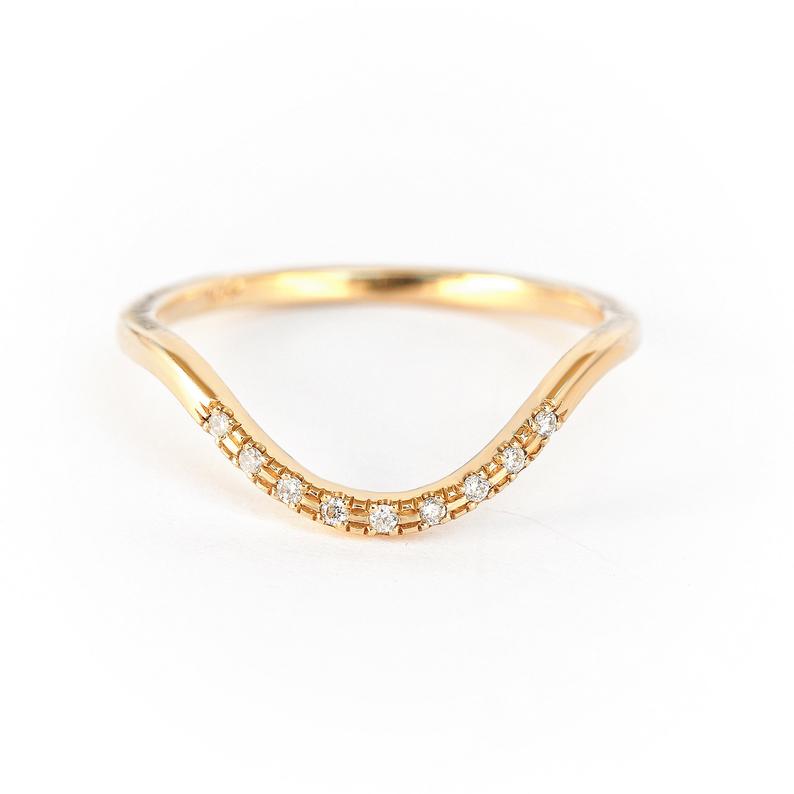 Curved Delicate Diamond Ring, Unique Diamond Wedding Ring - 14K Yellow Gold, Diamond Side Ring, Diamond Stackable Ring - sillyshinydiamonds