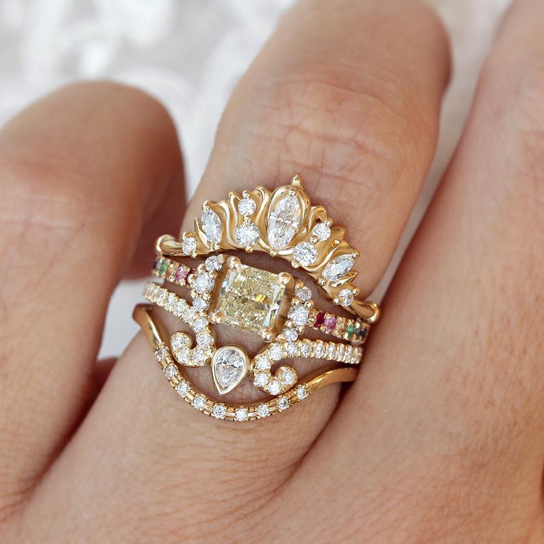 Curved Delicate Diamond Ring, Unique Diamond Wedding Ring - 14K Yellow Gold, Diamond Side Ring, Diamond Stackable Ring - sillyshinydiamonds