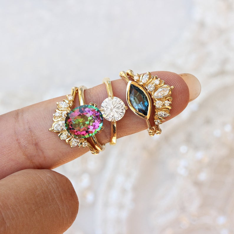 Illuminati Unique Diamond Nesting ring, Engagement Ring Enhancement Ring, Unique Curved Wedding Band - sillyshinydiamonds