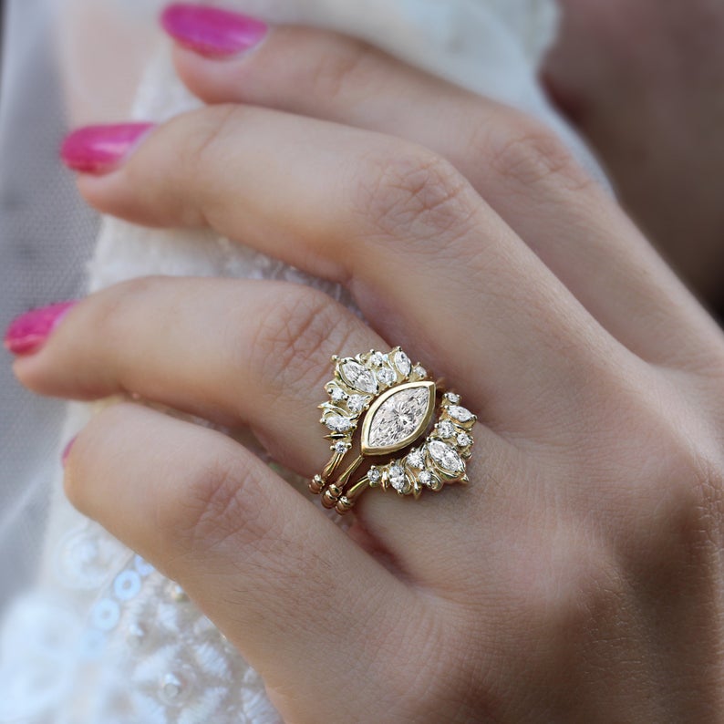 Illuminati Unique Diamond Nesting ring, Engagement Ring Enhancement Ring, Unique Curved Wedding Band - sillyshinydiamonds