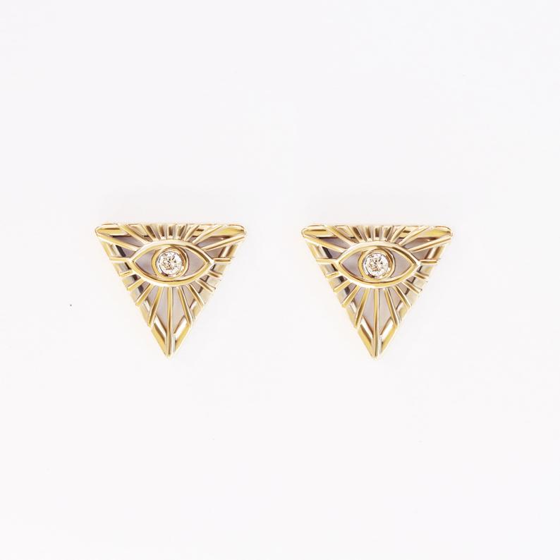 The all seeing Eye Talisman Diamond Stud Earrings, 14K solid Gold Illuminati Stud Earrings - sillyshinydiamonds