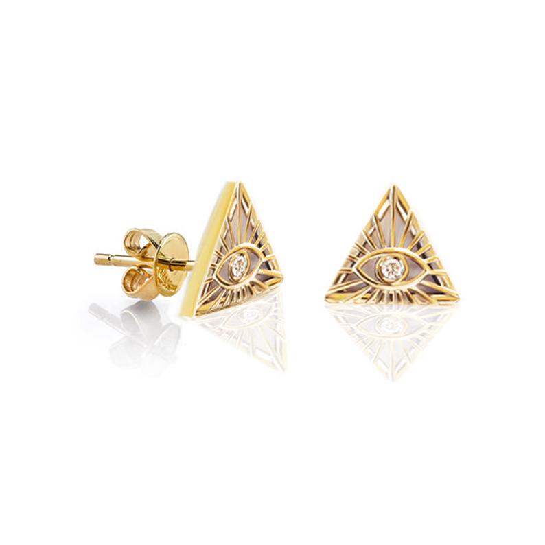 The all seeing Eye Talisman Diamond Stud Earrings, 14K solid Gold Illuminati Stud Earrings - sillyshinydiamonds