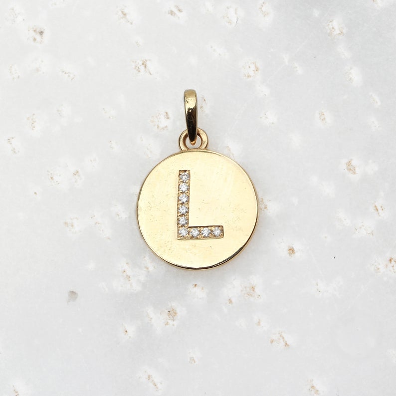 15mm Personalized letter disc charm with diamonds necklace - sillyshinydiamonds