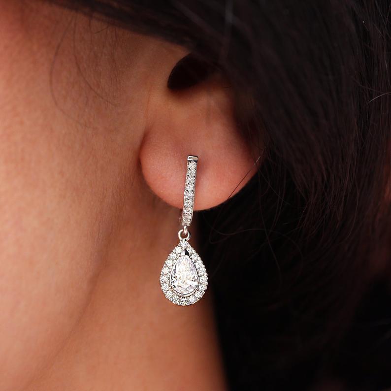 Huggie earrings pear diamond halo drop - sillyshinydiamonds